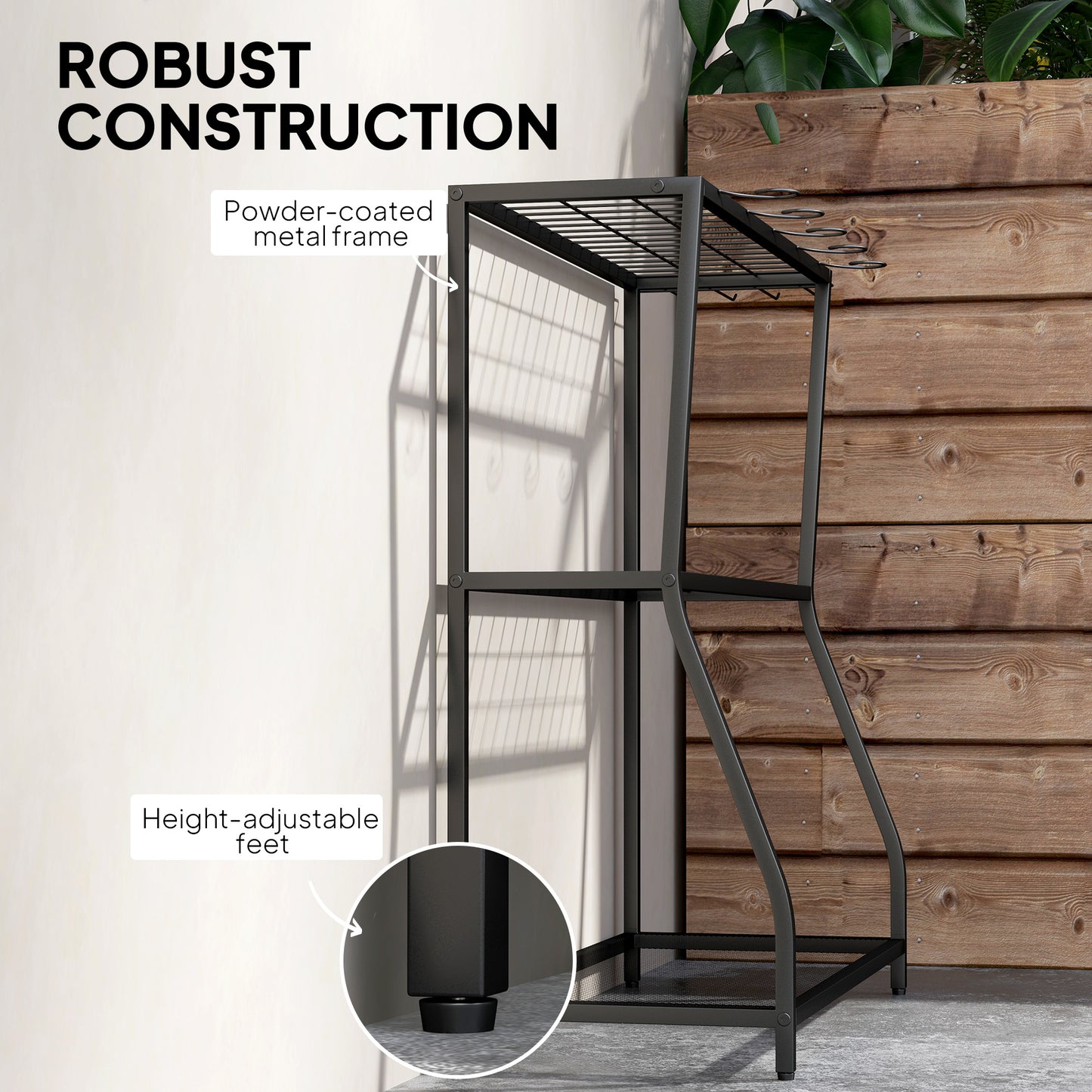 3-Tier Yard Tool Tower Rack, Garden Tool Organizer with Hooks for Long-Handled Rakes, Shovel, Broom, Black