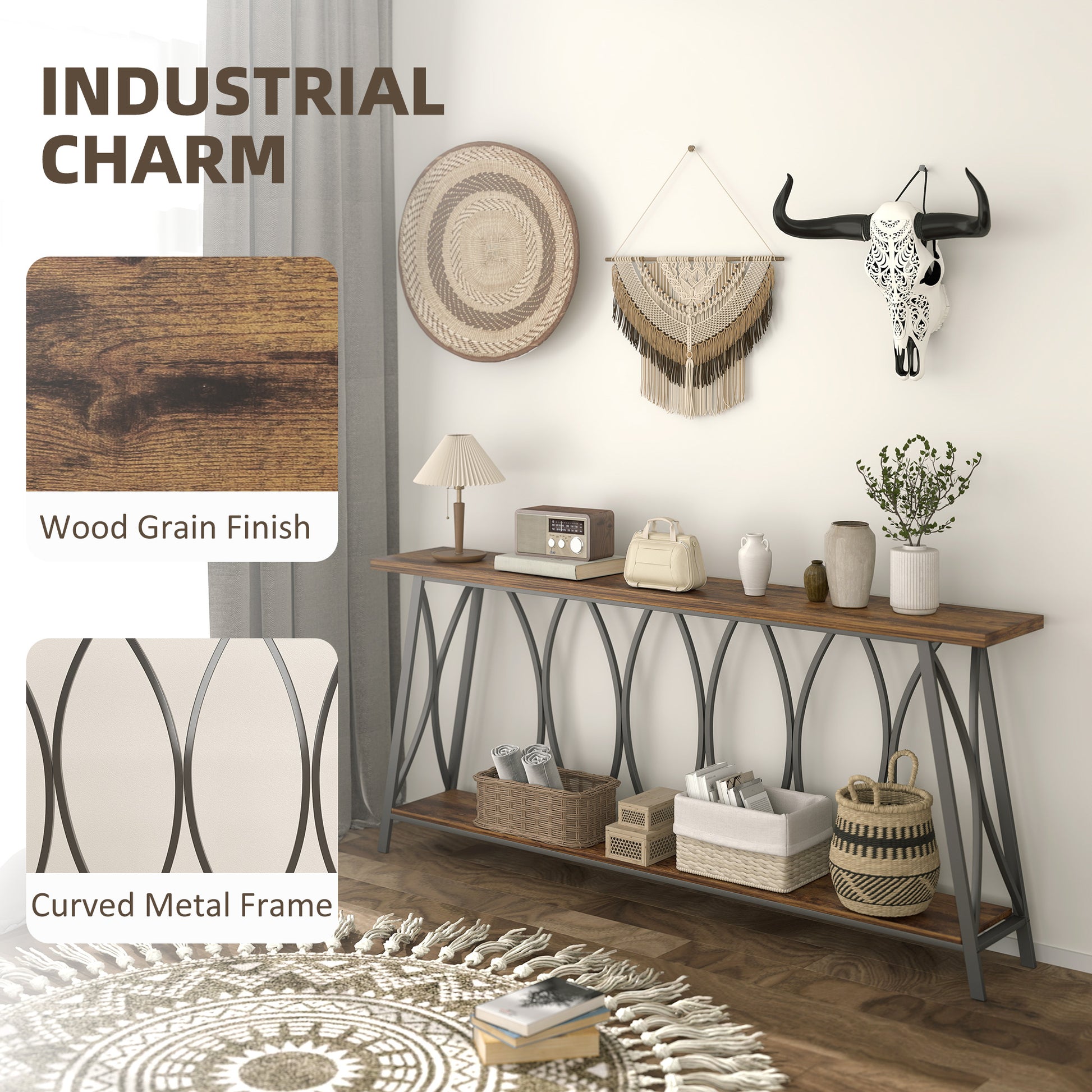 71" Console Table, Industrial 2-Tier Narrow Entryway Table with Metal Frame for Living Room, Hallway, Rustic Brown