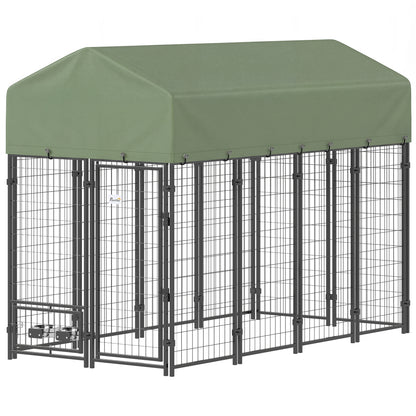 8' x 4' x 6' Outdoor Dog Kennel, Dog Kennel Outside Run with 360° Rotating Bowls, Waterproof & UV Resistant Cover Green