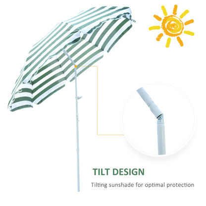 6FT Round Beach Umbrella with Tilt Mechanism, Outdoor UV Protection Sun Shaded Canopy with Push Button, Striped Green