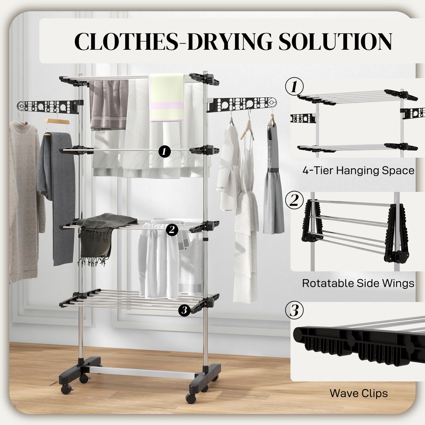 Garment Drying Rack Stainless Steel Folding Clothes Hanging Rack with Side Wings Castors for Indoor Outdoor Black