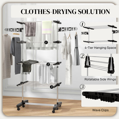 Garment Drying Rack Stainless Steel Folding Clothes Hanging Rack with Side Wings Castors for Indoor Outdoor Black