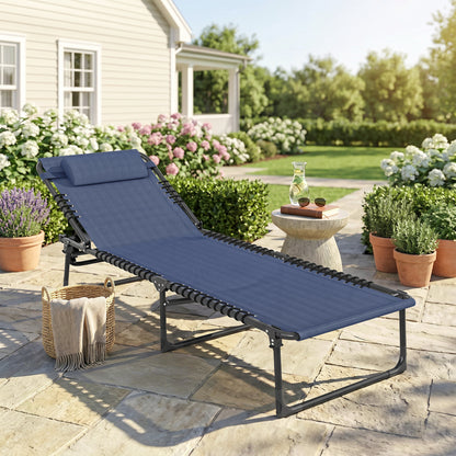 Folding Lounge Chair, Adjustable Chaise Lounge with Headrest, Reclining Lounger Cot for Camping, Hiking, Dark Blue