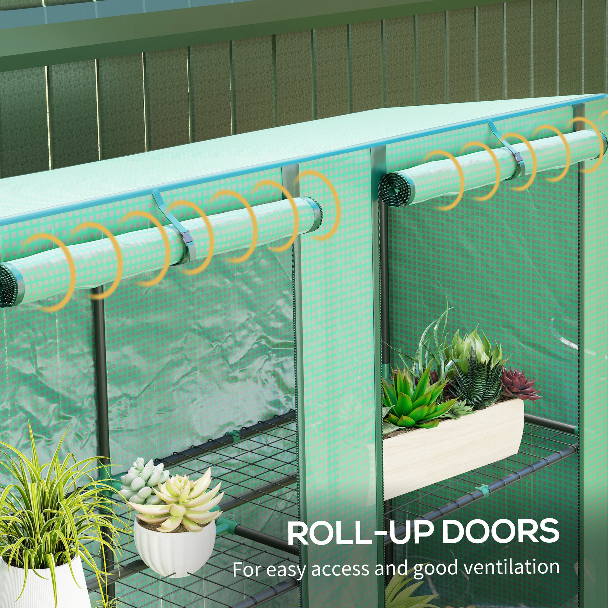 Lean-to Greenhouse with 3 Tier Shelves, Mini Greenhouse with 2 Roll-Up Doors for Indoor Outdoor, Green