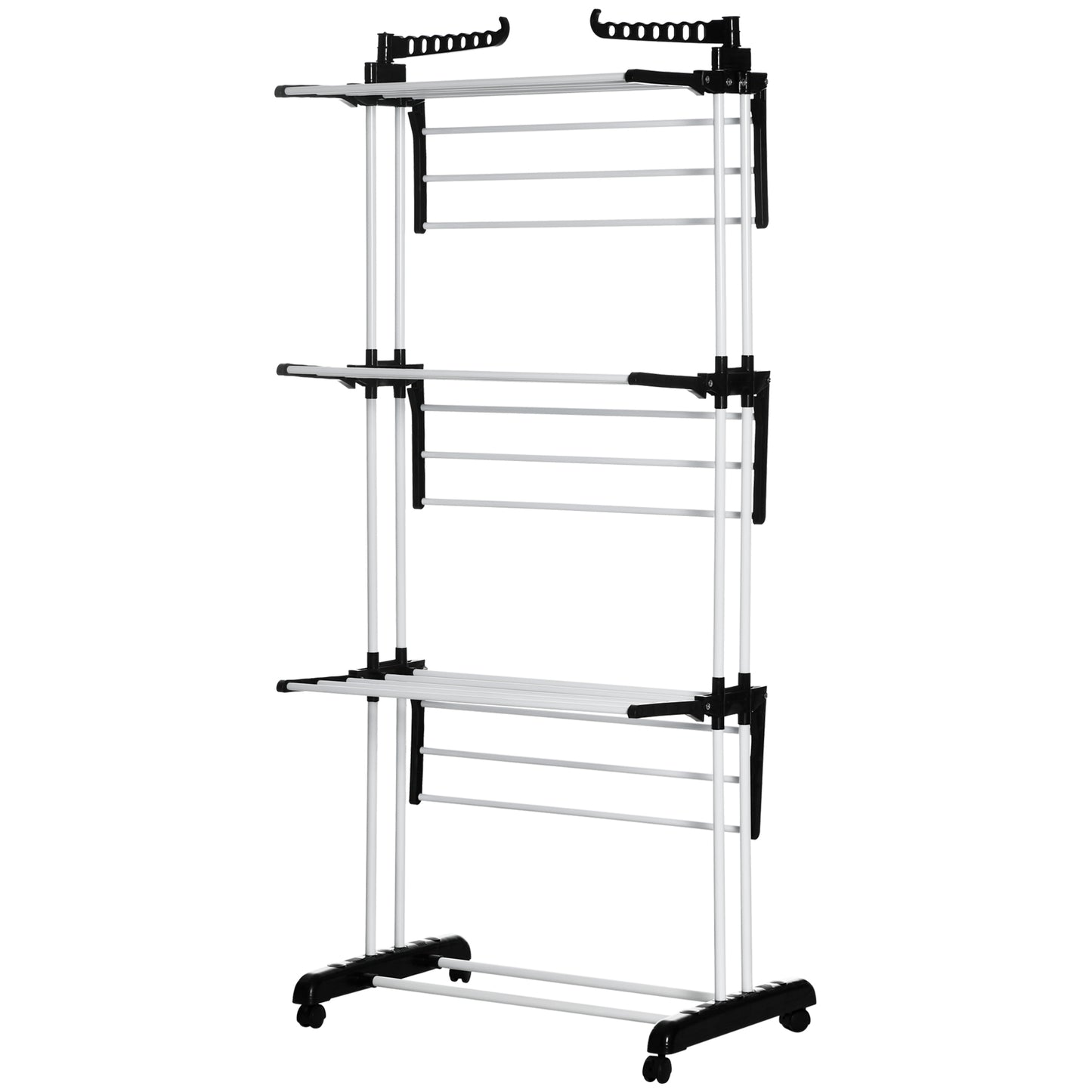 Foldable Clothes Drying Rack, 4-Tier Steel Laundry Rack for Drying Clothes with 2 Side Wings and 4 Castors, Indoor and Outdoor Use, Black