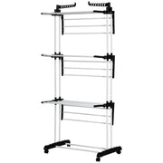 Foldable Clothes Drying Rack, 4-Tier Steel Laundry Rack for Drying Clothes with 2 Side Wings and 4 Castors, Indoor and Outdoor Use, Black