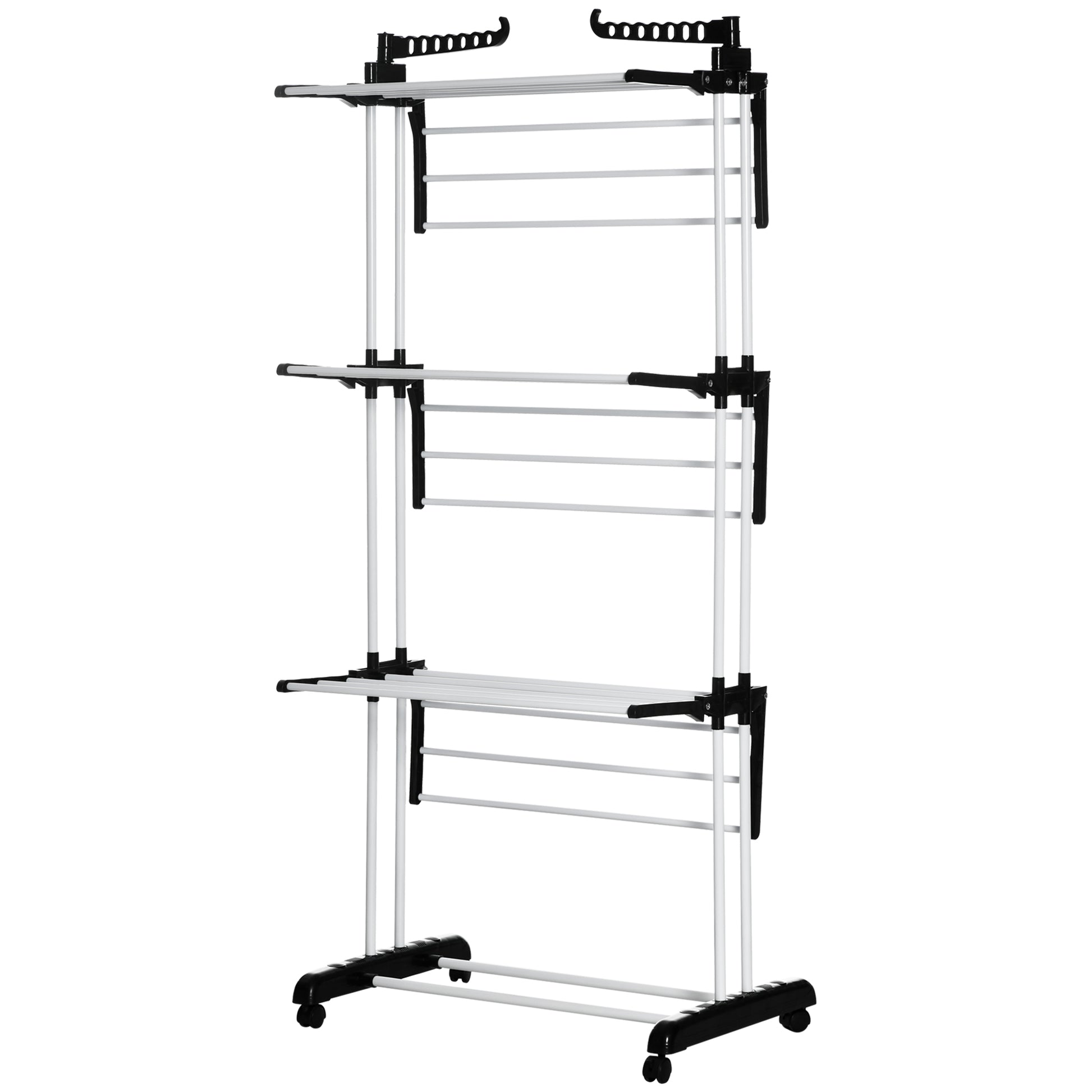 Foldable Clothes Drying Rack, 4-Tier Steel Laundry Rack for Drying Clothes with 2 Side Wings and 4 Castors, Indoor and Outdoor Use, Black