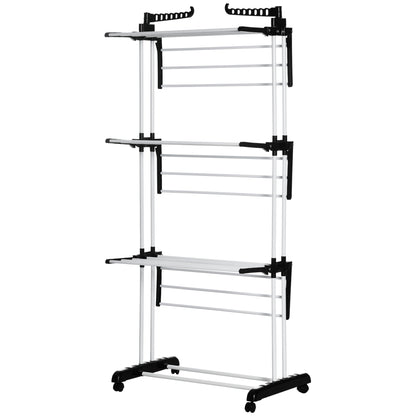 Foldable Clothes Drying Rack, 4-Tier Steel Laundry Rack for Drying Clothes with 2 Side Wings and 4 Castors, Indoor and Outdoor Use, Black