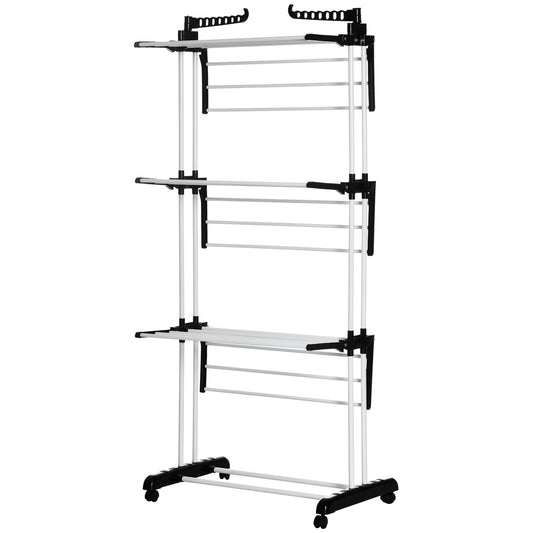 Foldable Clothes Drying Rack, 4-Tier Steel Laundry Rack for Drying Clothes with 2 Side Wings and 4 Castors, Indoor and Outdoor Use, Black