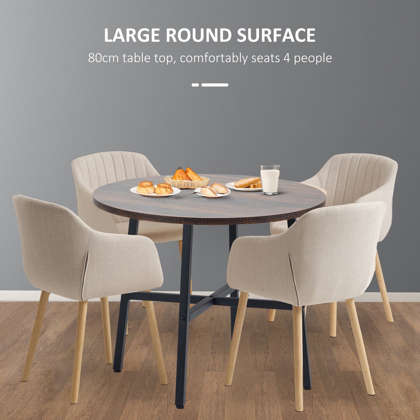 Ф31.5" Dining Room Table, Industrial Style Kitchen Table Round with Steel Legs, Rustic Brown