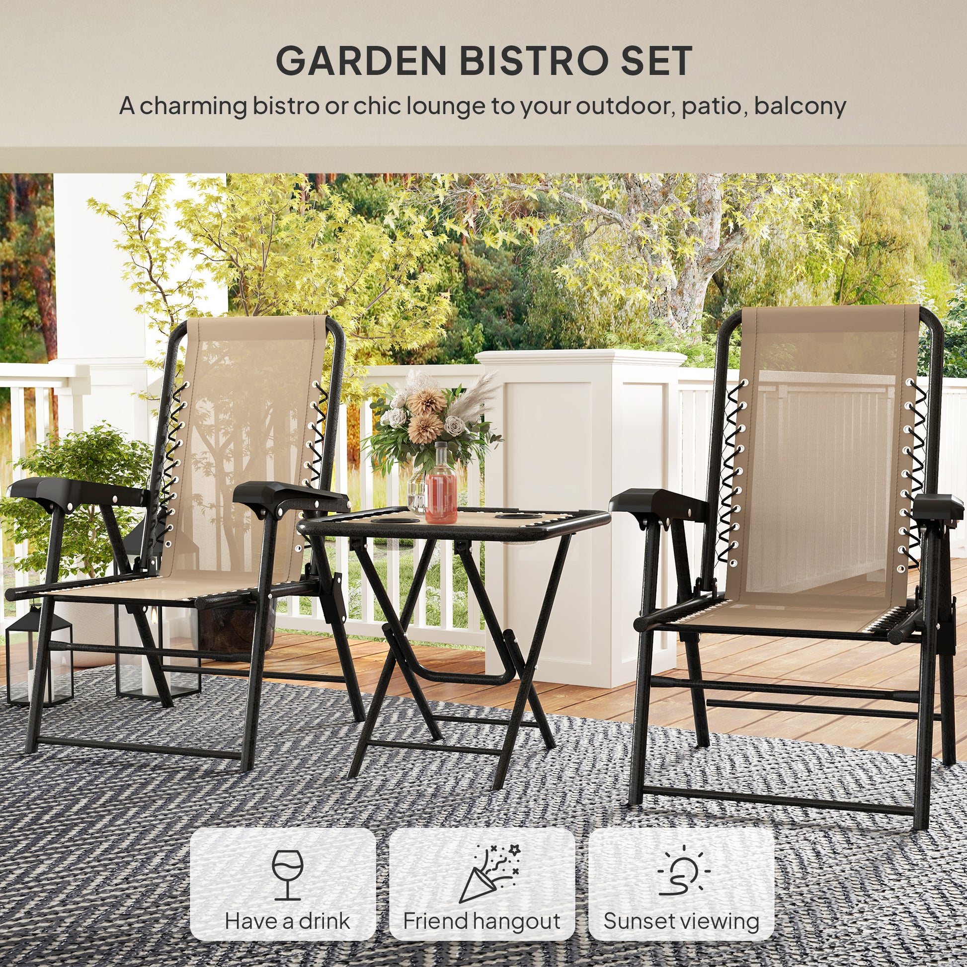 3 Pieces Patio Bistro Set, Outdoor Folding Table and Chairs Set, Metal Patio Furniture Set with Cup Holders, Khaki