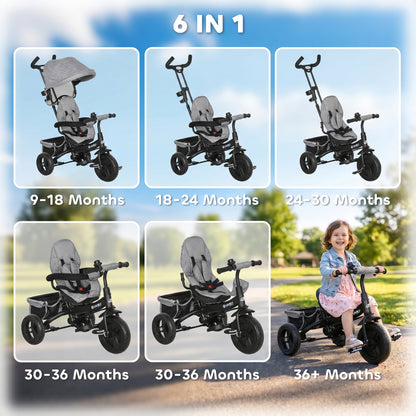 Qaba 6 in 1 Toddler Tricycle Stroller with Basket, Canopy, 5-point Safety Harness, for 12-60 Months, Grey
