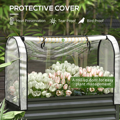 Raised Garden Bed with Cover, Metal Elevated Planter Box with Bottom Shelf and Liner, Black