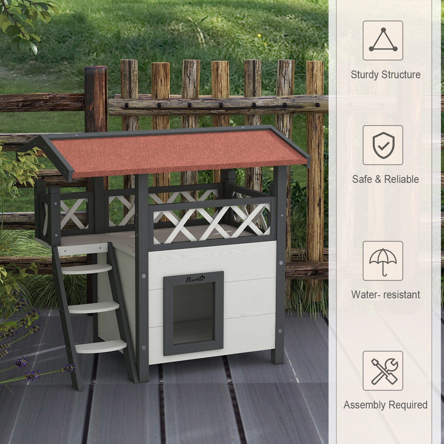Wooden 2-Story Shelter for Feral Cats with Asphalt Roof, Stairs, Balcony, 30" x 20" x 29", White