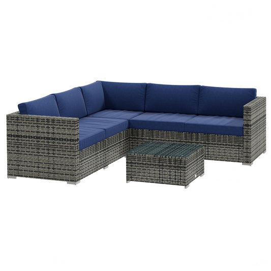 4-Piece Outdoor Rattan Wicker Conversation Furniture Set, Includes Corner Sofa, Loveseat, Coffee Table and Cushions, Modern Patio Sectional for Backyard, Navy Blue
