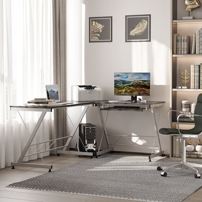 L-Shaped Computer Desk, Corner Table with Keyboard Tray for PC Laptop Desktop, Workstation Stand Home Office Furniture