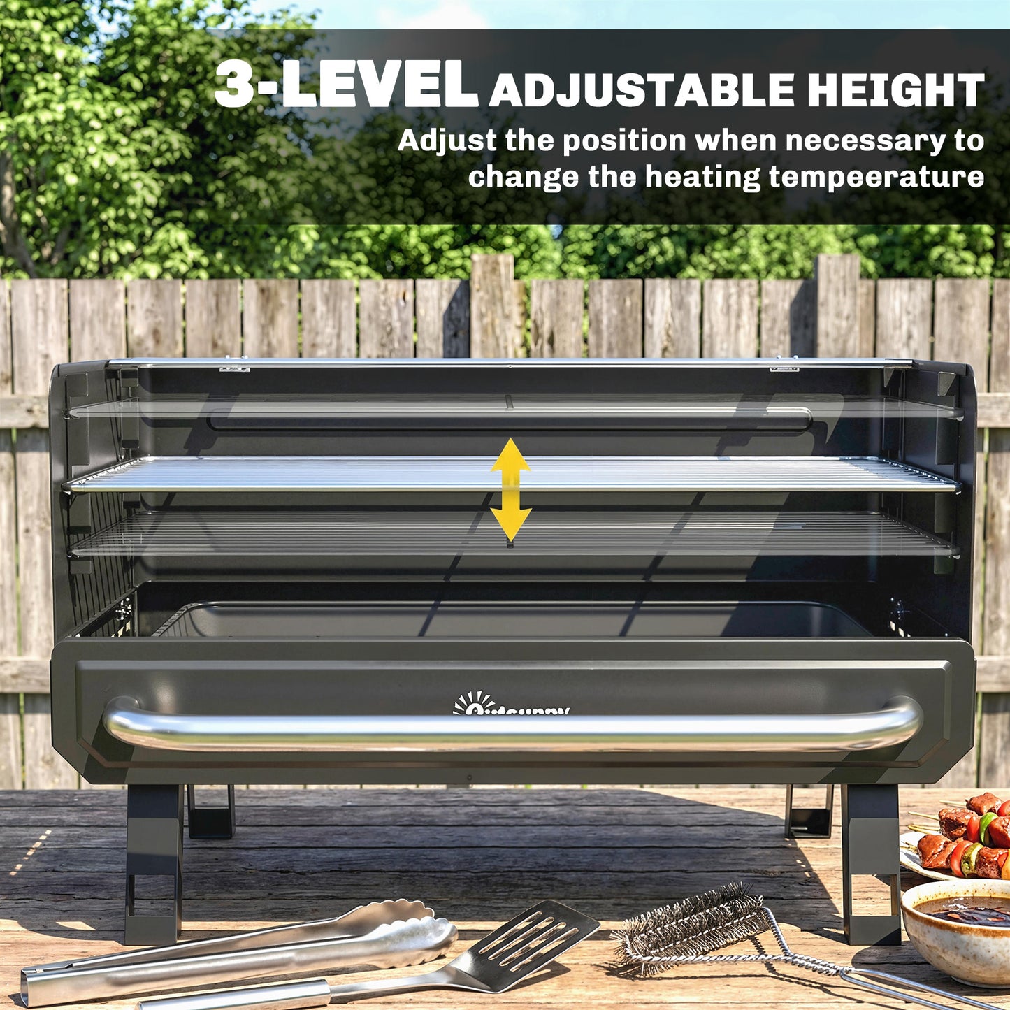 Charcoal BBQ Grill, Portable Barbecue Grill with Adjustable Grates, Foldable Legs, Side Shelf for Camping Travel, Black