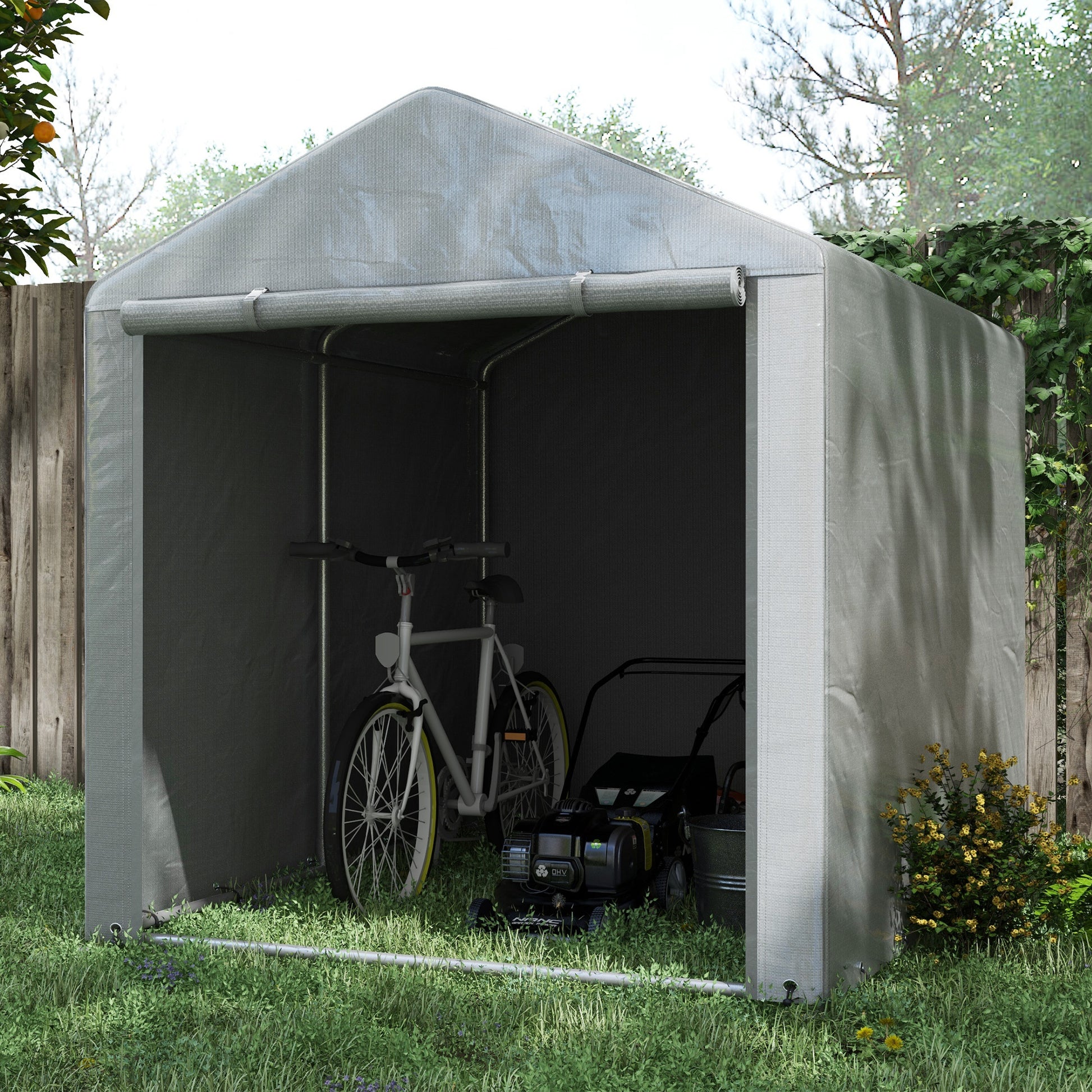 Portable Bicycle Shed with Galvanized Steel Frame and Large Door, Waterproof Outdoor Shed for Garden Tools, Light Grey