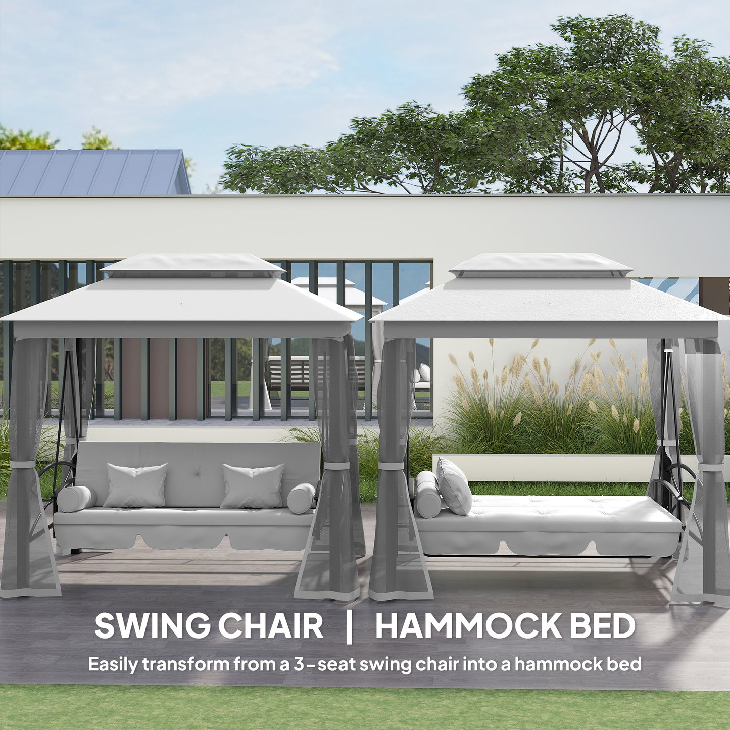 3 Person Outdoor Patio Daybed, 3 in 1 Canopy Gazebo Swing Chair Garden Hammock with Mesh Mosquito and Sun Shade, Grey