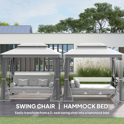 3 Person Outdoor Patio Daybed, 3 in 1 Canopy Gazebo Swing Chair Garden Hammock with Mesh Mosquito and Sun Shade, Grey