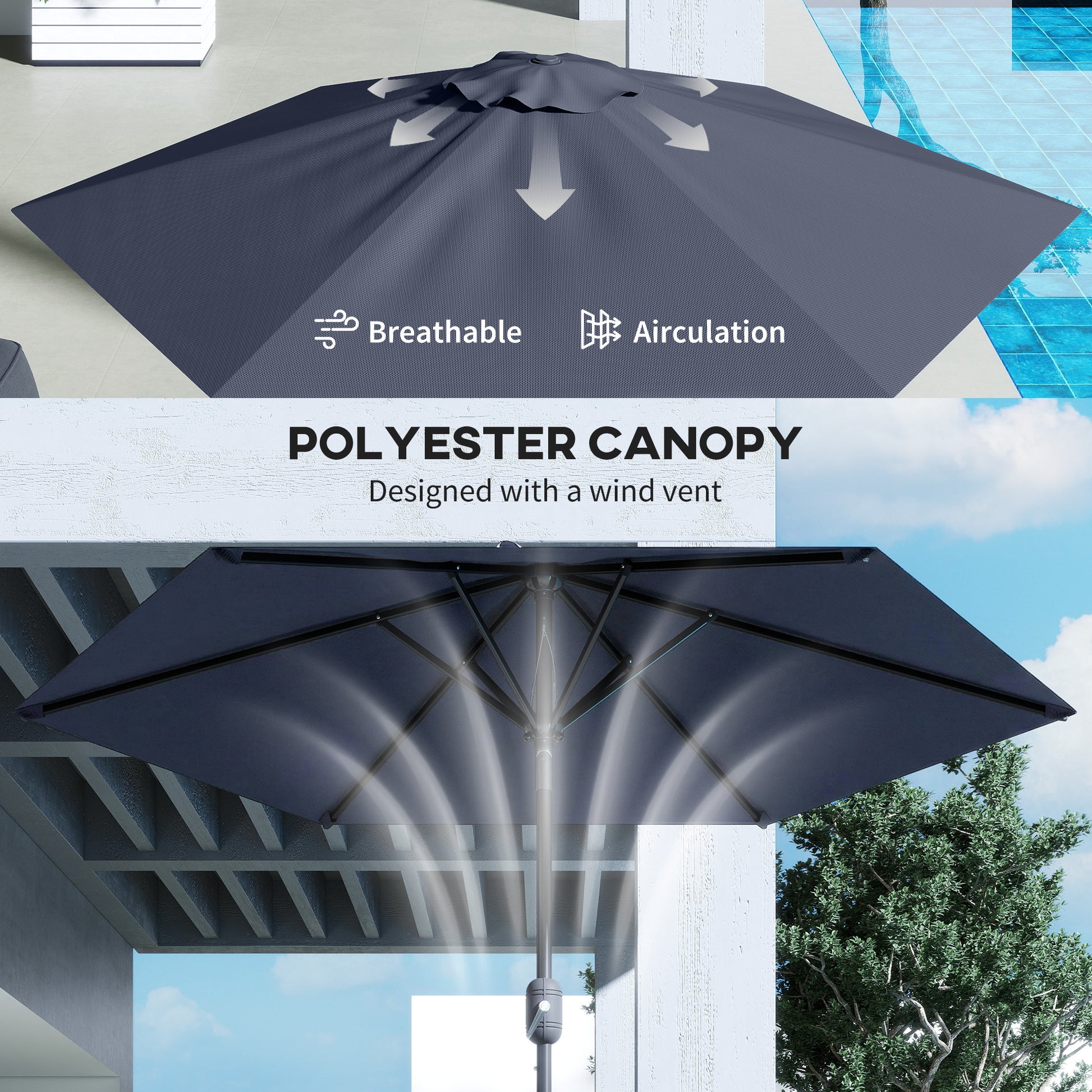 Patio Sun Umbrella, Outdoor Parasol with 6 Ribs, Blue
