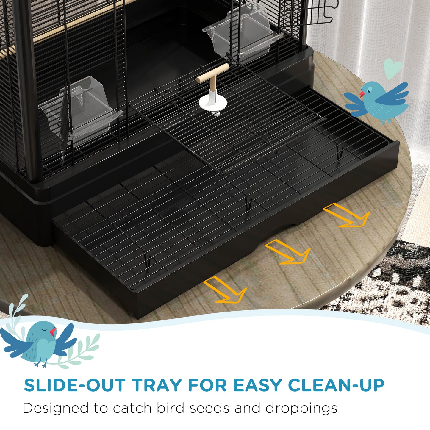 22" Bird Cage for Budgie Finches Canaries Love Birds with Wooden Stands, Slide-Out Tray, Handles, Food Containers, Black