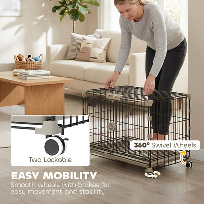 Dog Crate, 24 Inch Metal Dog Cage with Removable Tray, Lockable Wheels, 2 Doors for Small Medium Breeds, Black