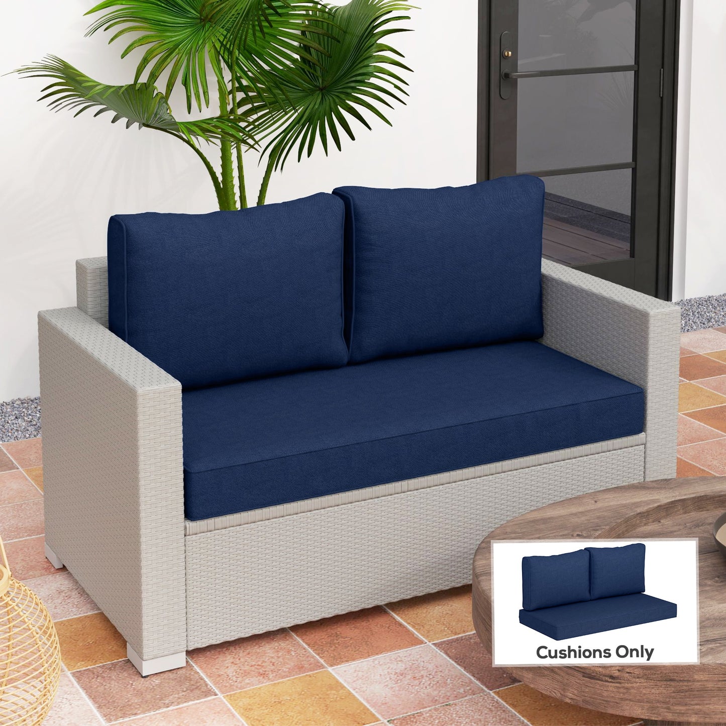 Outdoor Seat Cushions with Backrest, Loveseat Double Sofa Outdoor Furniture Cushions, Navy Blue