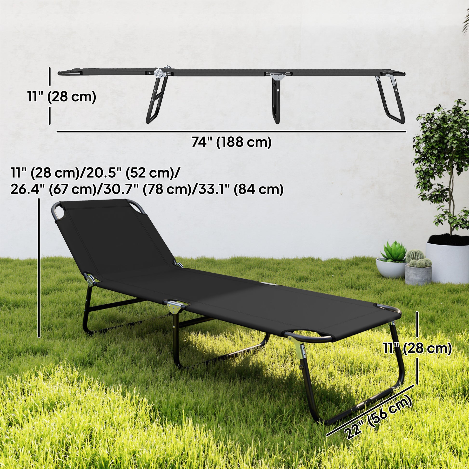 Outdoor Folding Lounge Chair, Steel Tanning Chair with Reclining Back, Breathable Mesh for Beach, Yard, Patio, Black