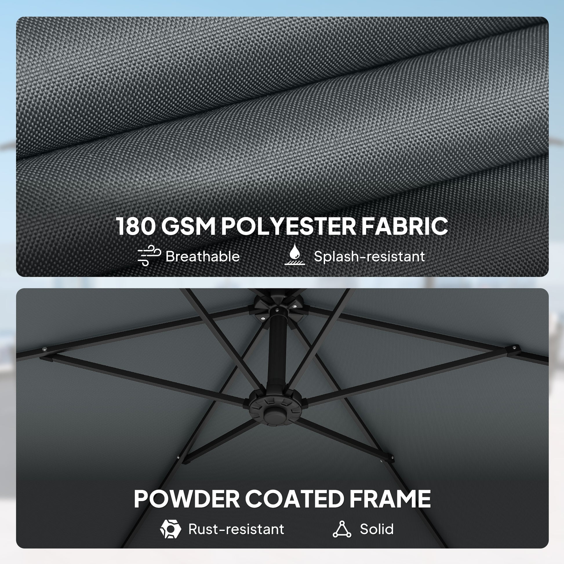9.7 ft Offset Patio Umbrella with Water/Sand Fillable Weights, Garden Hanging Parasol with Locking Latch, Dark Grey