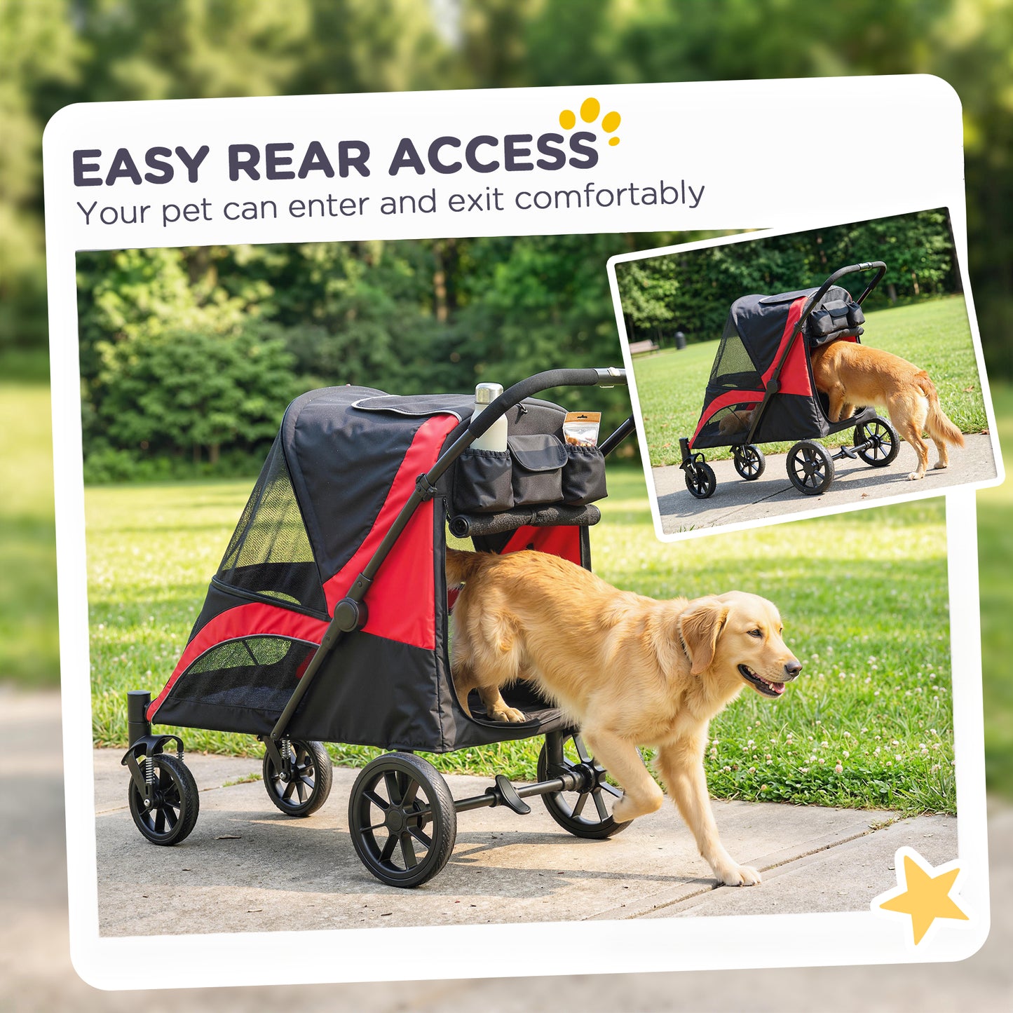 Foldable Pet Stroller for Large Dogs with Four Big Wheels, Shock-Absorbing Frame, Safety Leashes, Brakes, Black