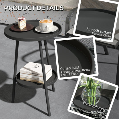 Round Garden Table, 2-Tier Small Side Table, Metal Patio Table Coffee Table Dining Table, Black