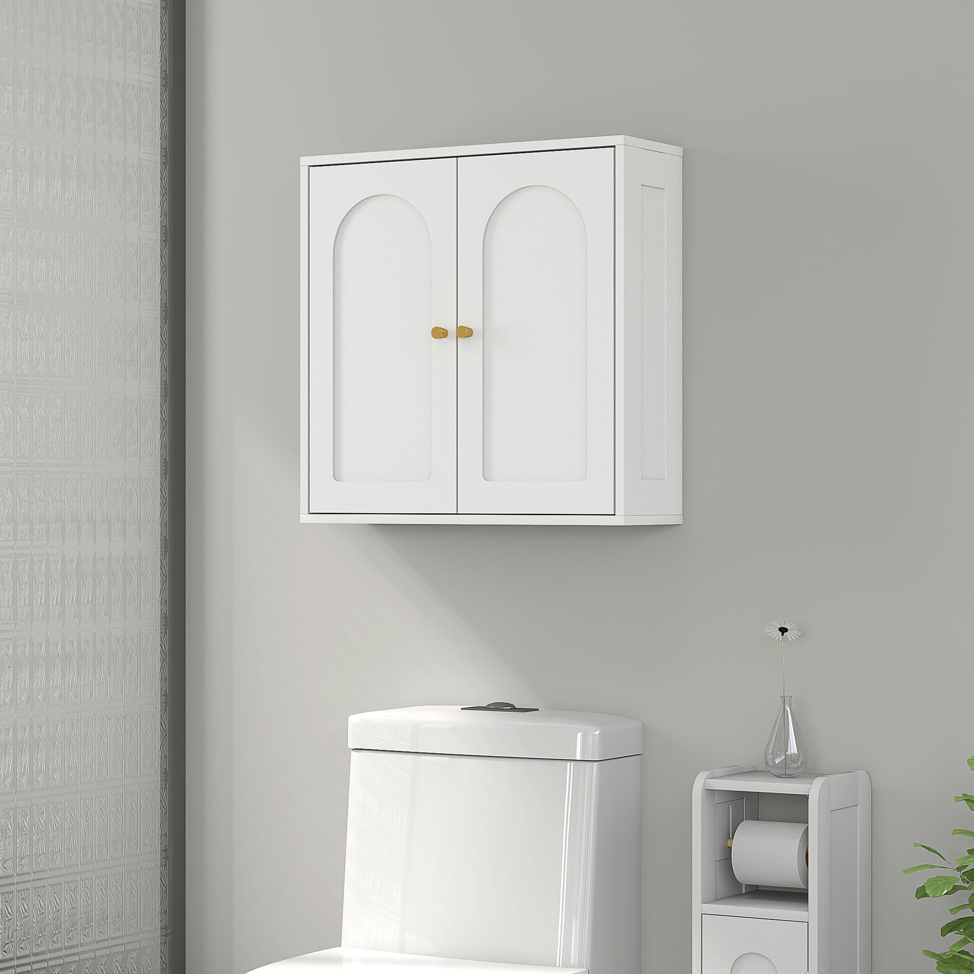 Medicine Cabinet, Modern Bathroom Wall Cabinet with 2 Arched Doors and Gold Handles, White Wood Grain