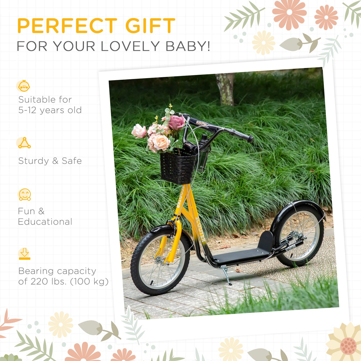Aosom Kick Scooter with Adjustable Handlebar, Kids Scooter with 2 Brakes Basket Cupholder 16" Inflatable Rubber Tyres Orange