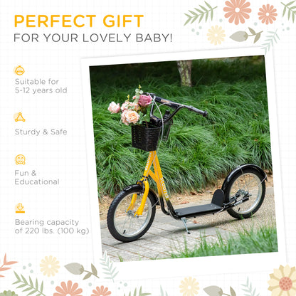 Aosom Kick Scooter with Adjustable Handlebar, Kids Scooter with 2 Brakes Basket Cupholder 16" Inflatable Rubber Tyres Orange