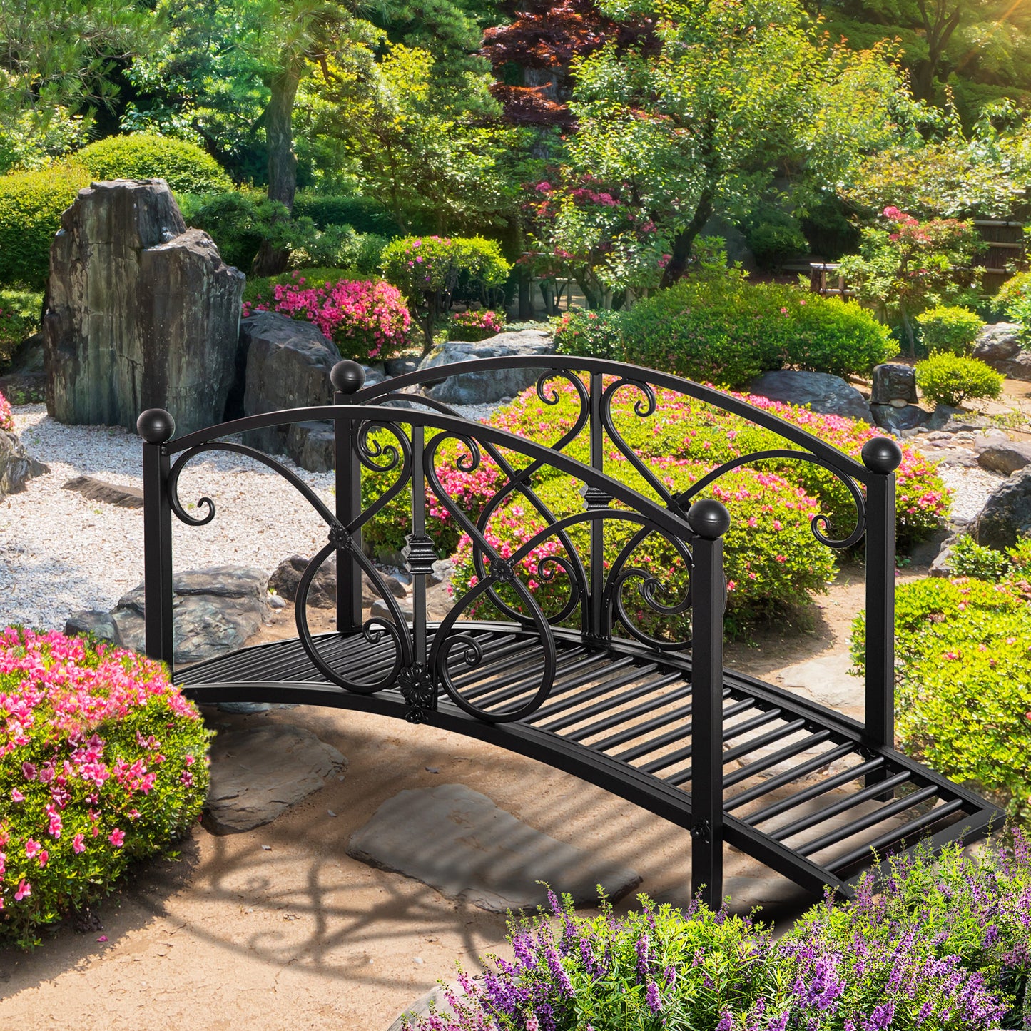 Garden Bridge 3.3FT, Decorative Classic Backyard Pond Bridge with Safety Railings Black