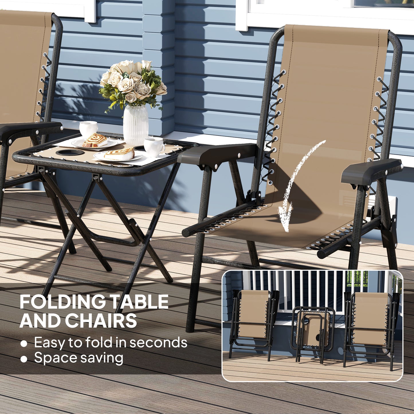 3 Pieces Patio Bistro Set, Outdoor Folding Table and Chairs Set, Metal Patio Furniture Set with Cup Holders, Khaki