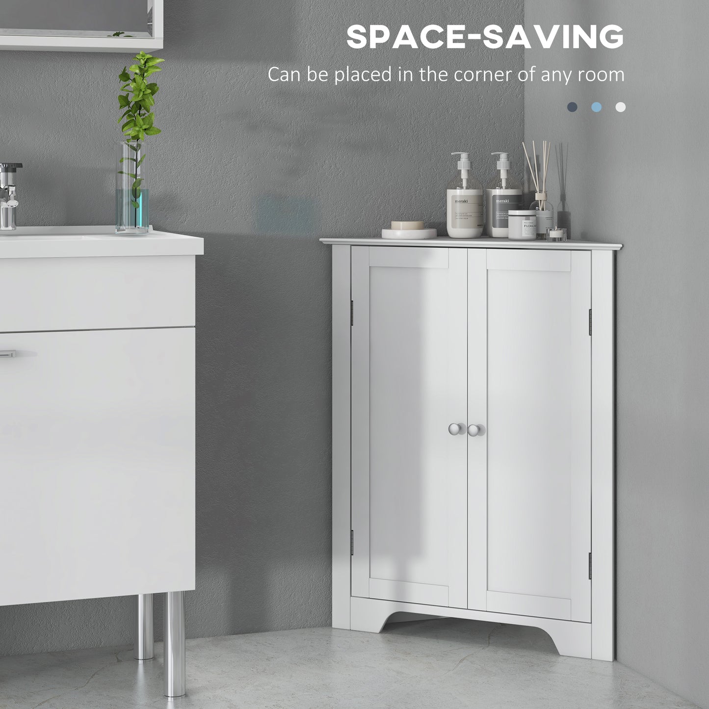 Modern Bathroom Storage Cabinet, Corner Cabinet with Doors, Bathroom Cabinet with Adjustable Shelf and Recessed Door, White