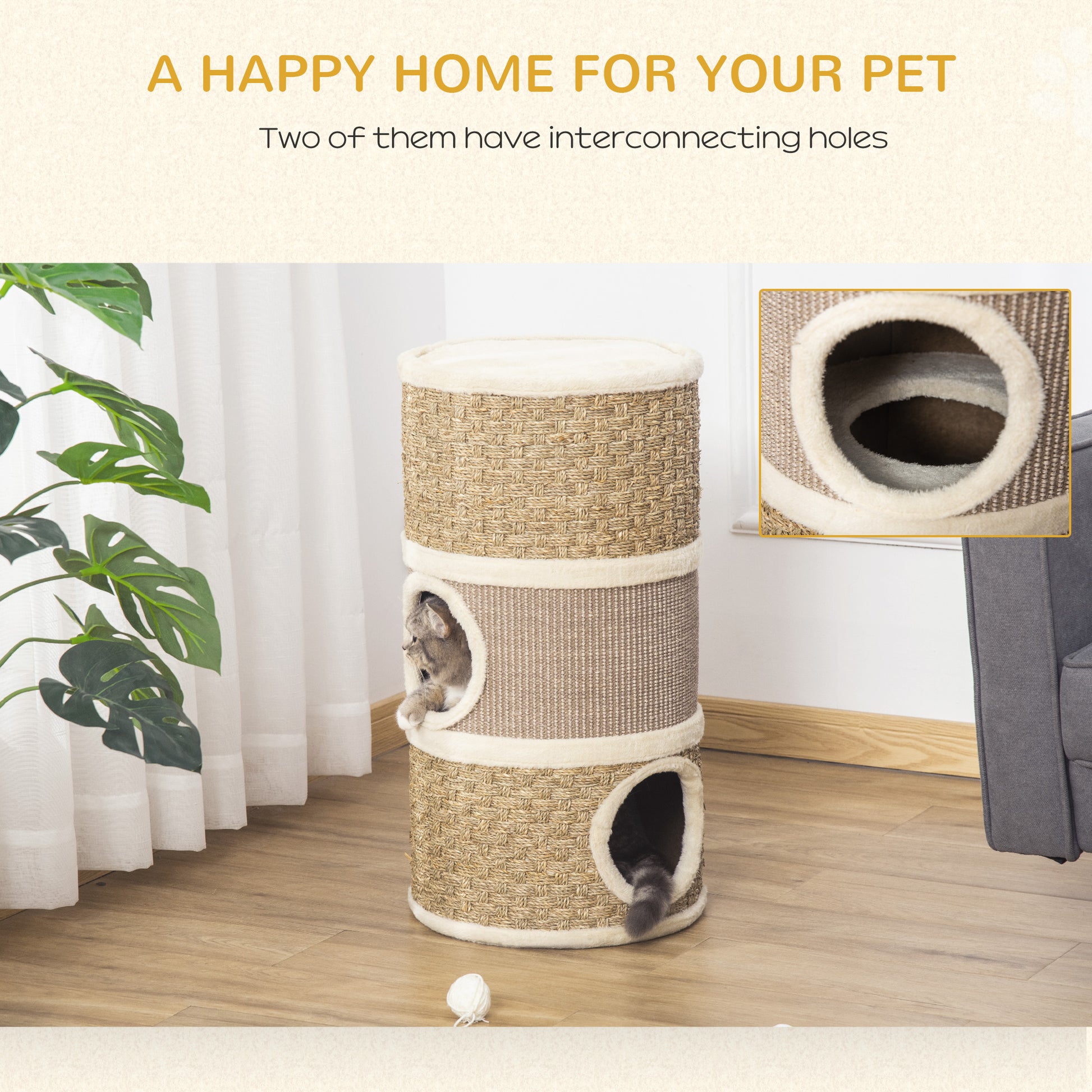 Cat Condo 3 Story Three Holes with Sisal Seaweed Scratching Cover Surface, Cat Tower for Indoor Cats, 15" x 28", Khaki and Brown