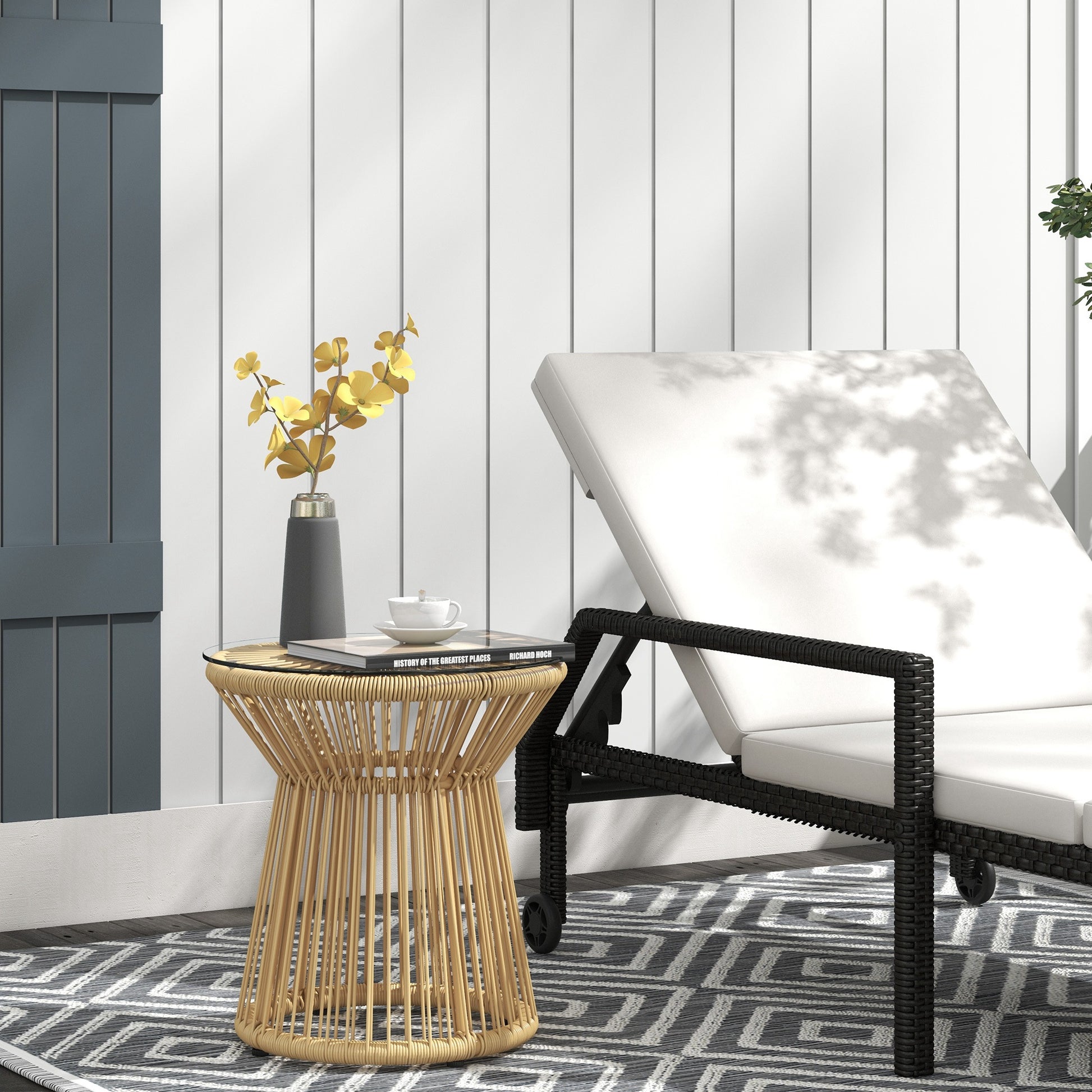 Round End Table, Rattan Side Table, Hollow Drum Design Coffee Table w/ Glass Tabletop for Patio, Garden, Balcony, Beige