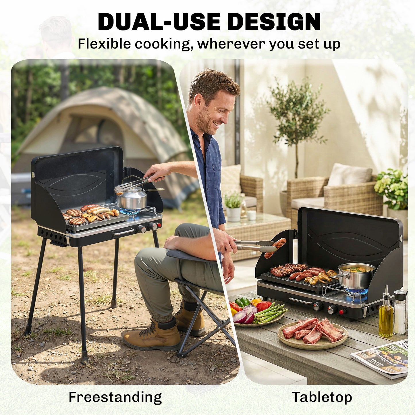 2-in-1 Camping Stove & Gas Griddle Combo, 20,000 BTU Portable Propane Grill with Detachable Legs, Wind Guards, Black