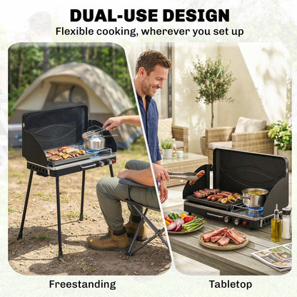 2-in-1 Camping Stove & Gas Griddle Combo, 20,000 BTU Portable Propane Grill with Detachable Legs, Wind Guards, Black