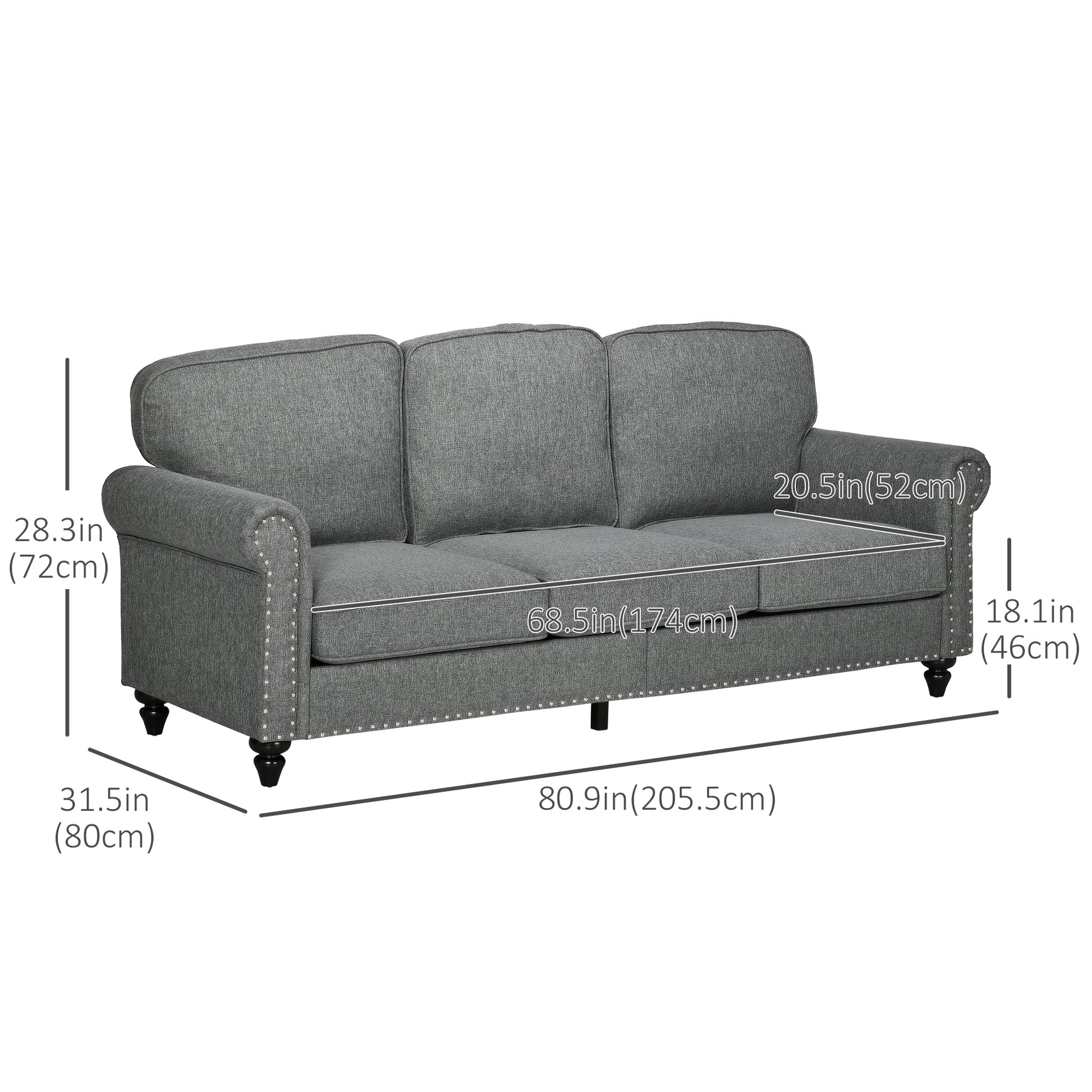 3-Seater Sofa Couch, 81" Modern Upholstered Linen Fabric Sofa with Rubberwood Legs, Nailhead Trim and Rolled Arms for Living Room, Bedroom and Apartment, Grey