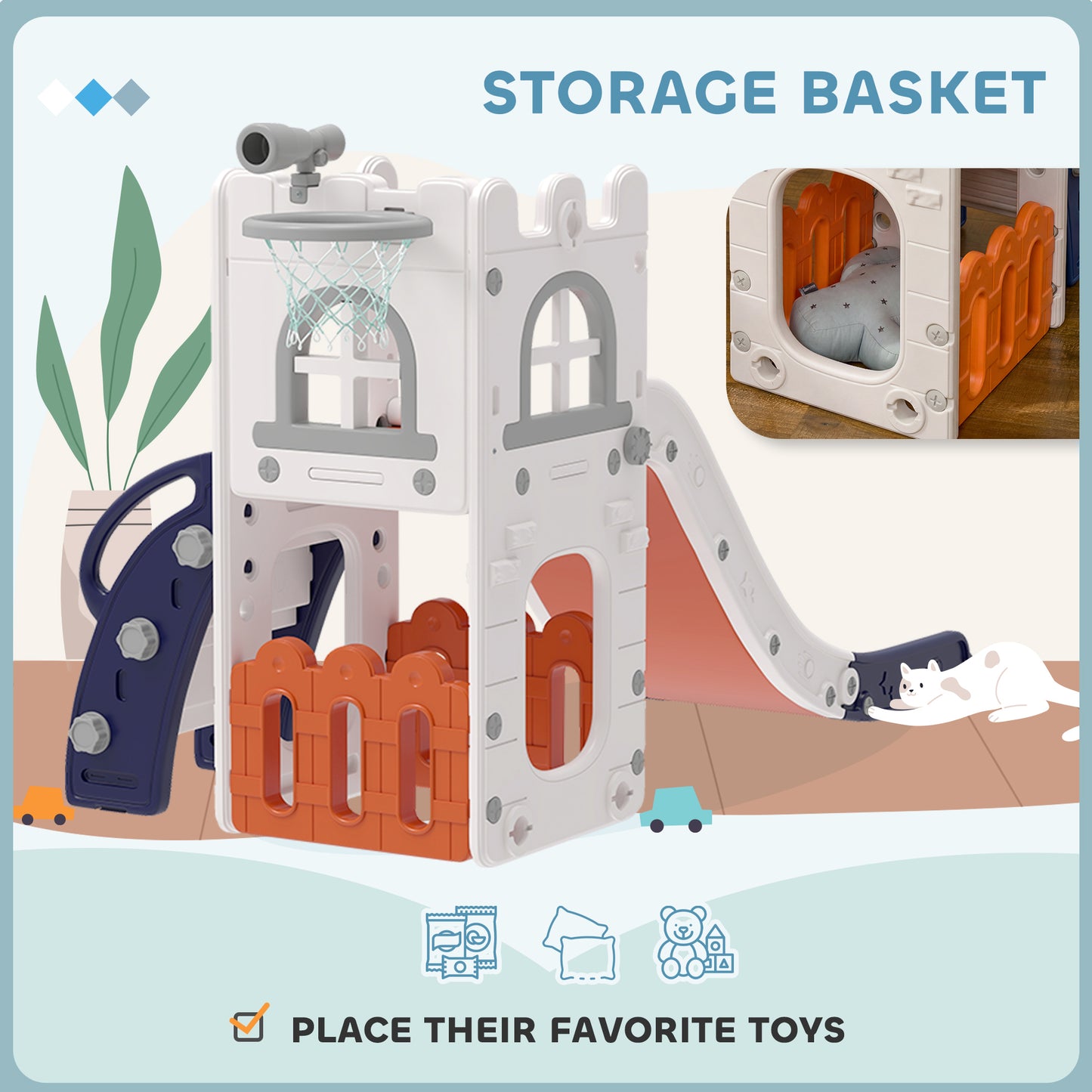 Qaba 5 in 1 Toddler Slide with Basketball Hoop, Climber, Telescope, Storage Basket, for 1-3 Years Kids Indoor Use, Orange