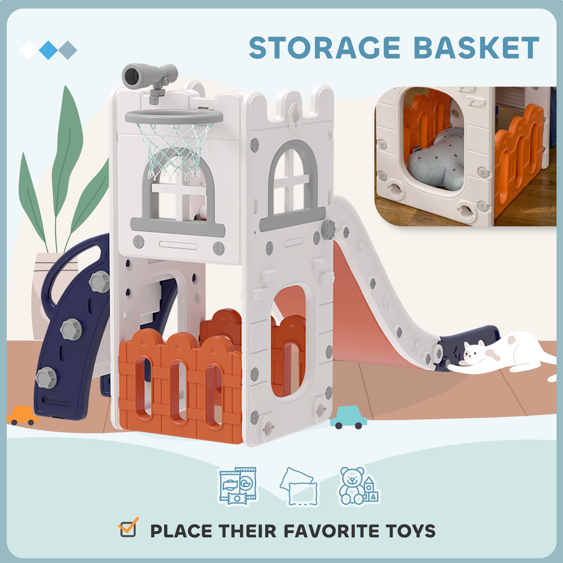Qaba 5 in 1 Toddler Slide with Basketball Hoop, Climber, Telescope, Storage Basket, for 1-3 Years Kids Indoor Use, Orange