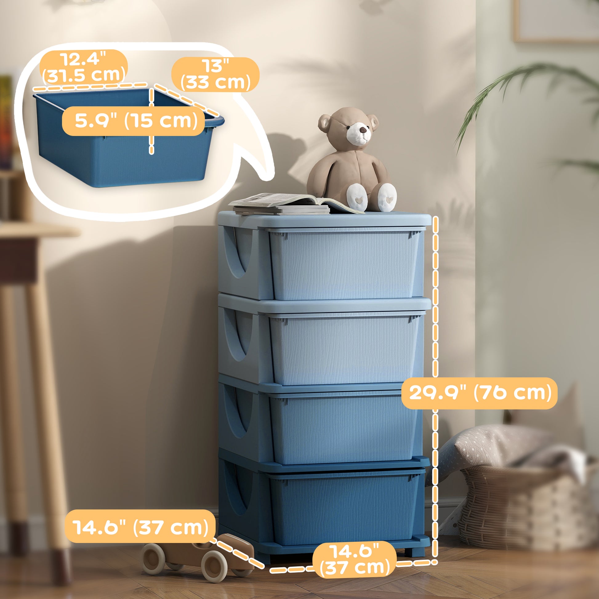 Qaba 4 Tier Kids Toy Organizer and Storage Bins with 4 Plastic Drawers, Blue