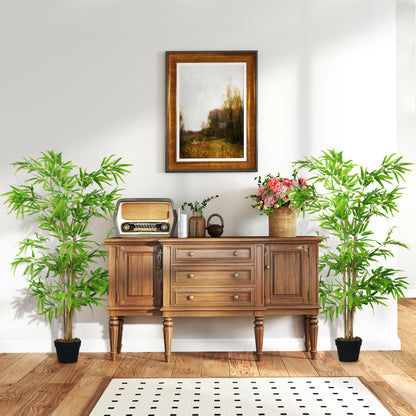Artificial Bamboo Tree Set of 2, 5ft Fake Tree with Realistic Leaf and Natural Trunk, Decorative Plant in Nursery