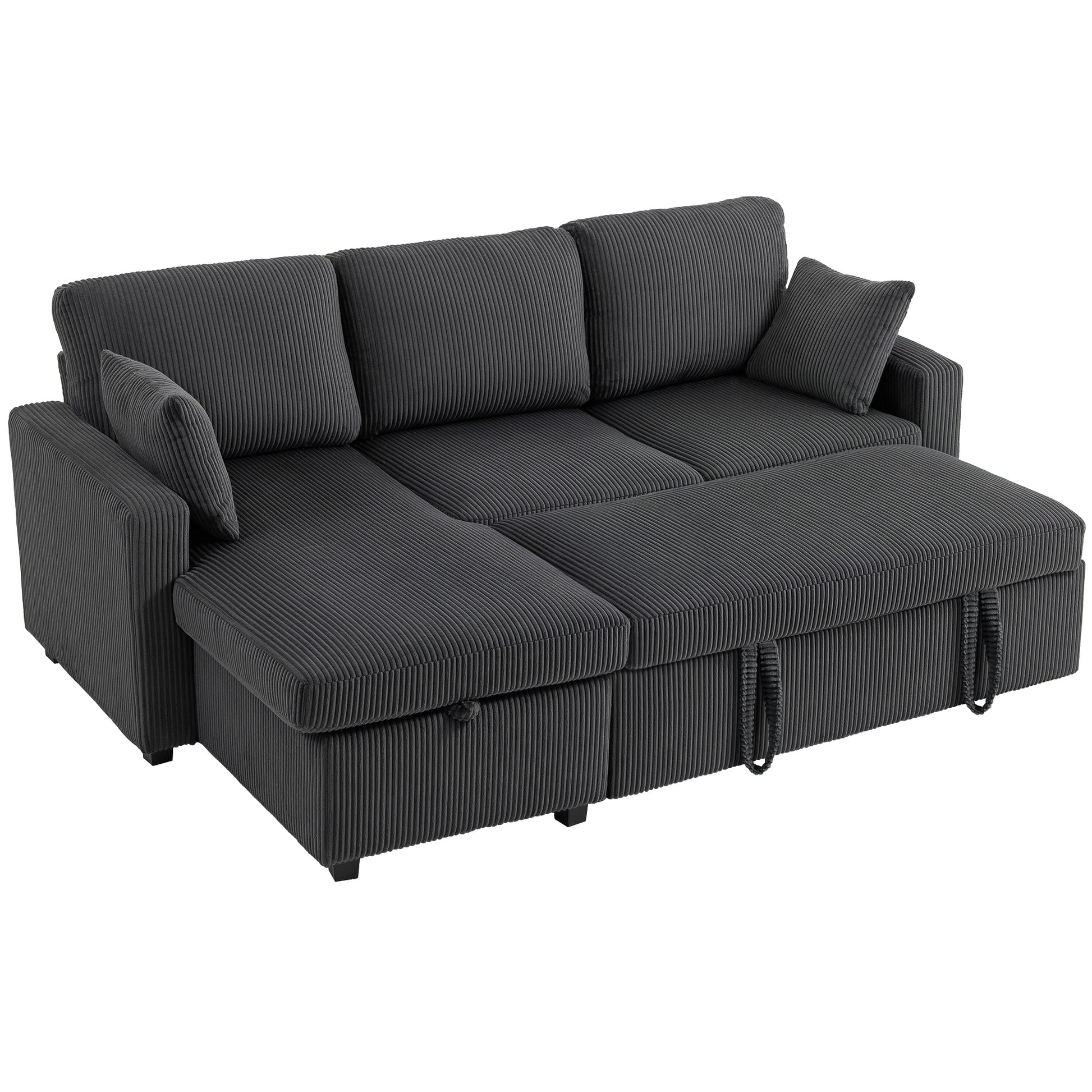 81" Sofa Bed, 2 In 1 Pull Out Sleeper Sofa Bed with Storage, Corduroy Convertible Couch for Living Room, Dark Grey