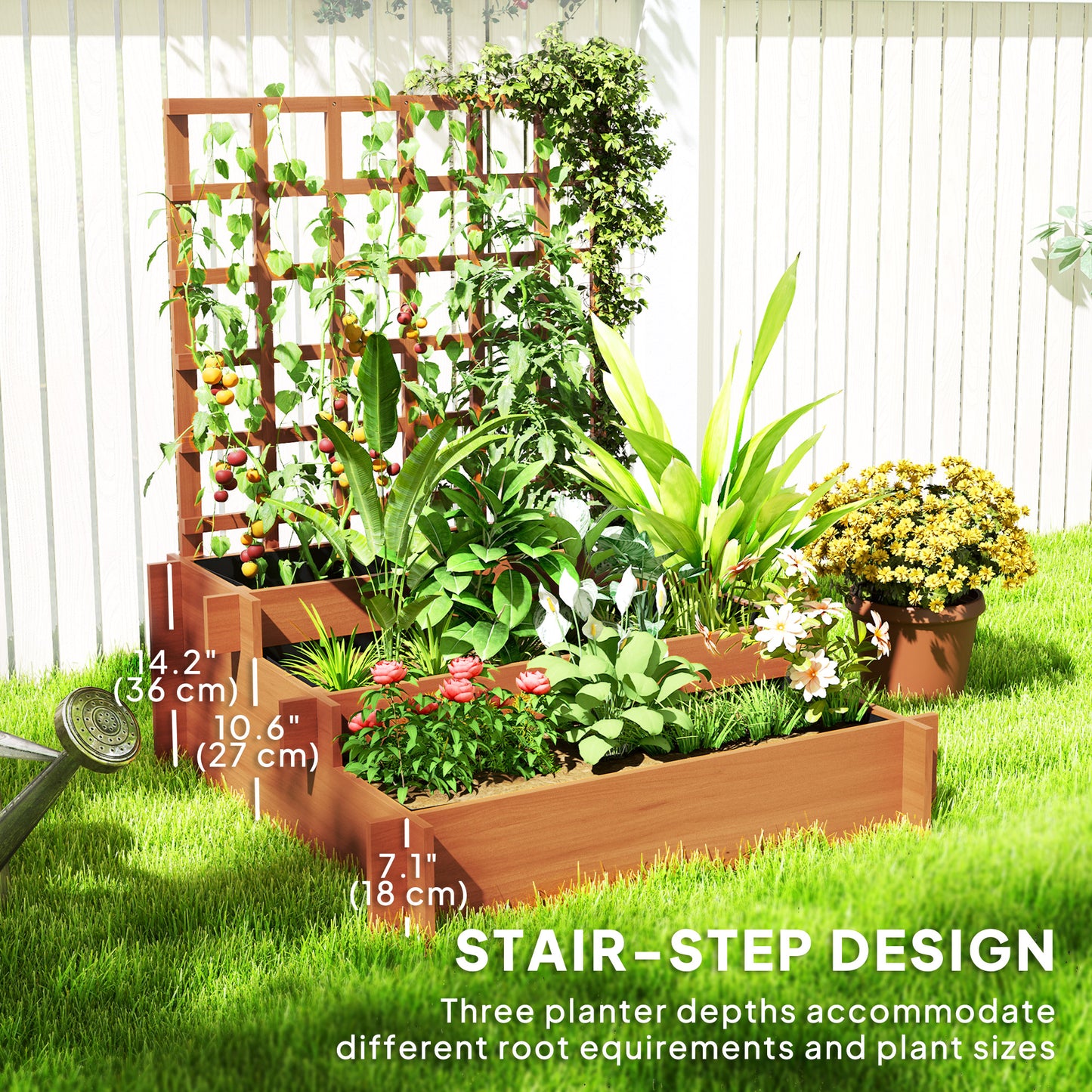Wooden Elevated Planter Box with Trellis for Climbing Plants, 3 Tier Raised Garden Bed for Garden, Outdoor, Brown