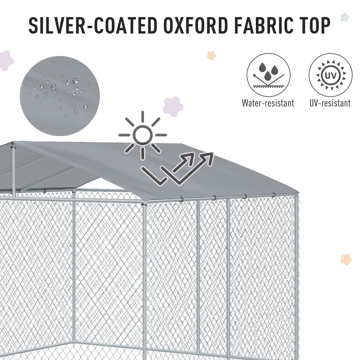 Dog Kennel Outdoor Run Fence with Roof, Steel Lock, Mesh Sidewalls for Backyard & Patio, 9.8' x 9.8' x 7.7'